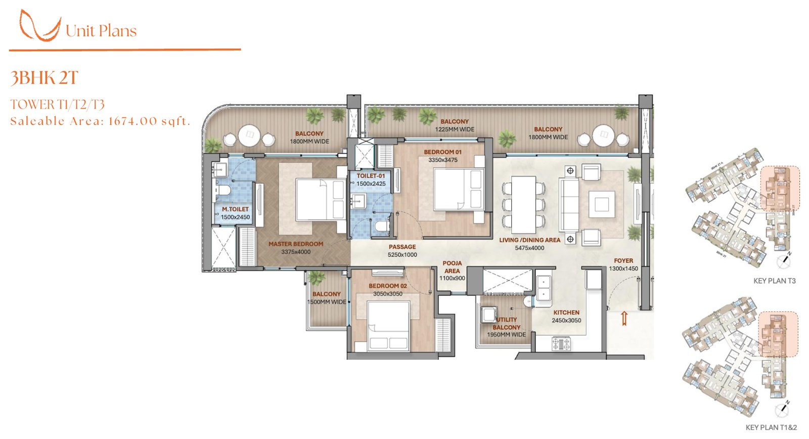 3 BHK 2T floor plan, Towers T1, T2, T3