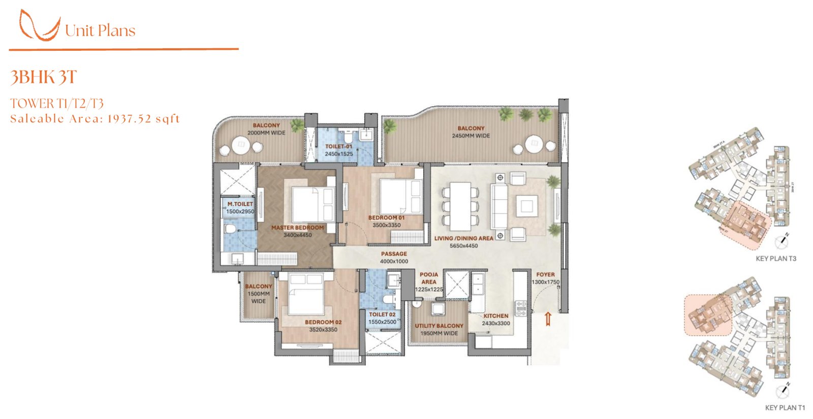 3 BHK 3T floor plan, Towers T1, T2, T3