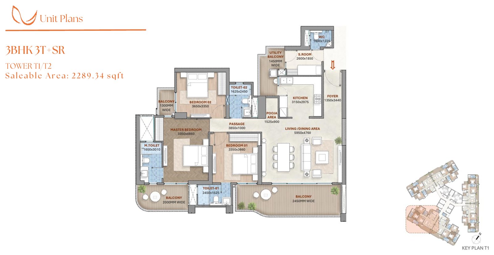 3 BHK 3T + Servant Room floor plan, Towers T1, T2